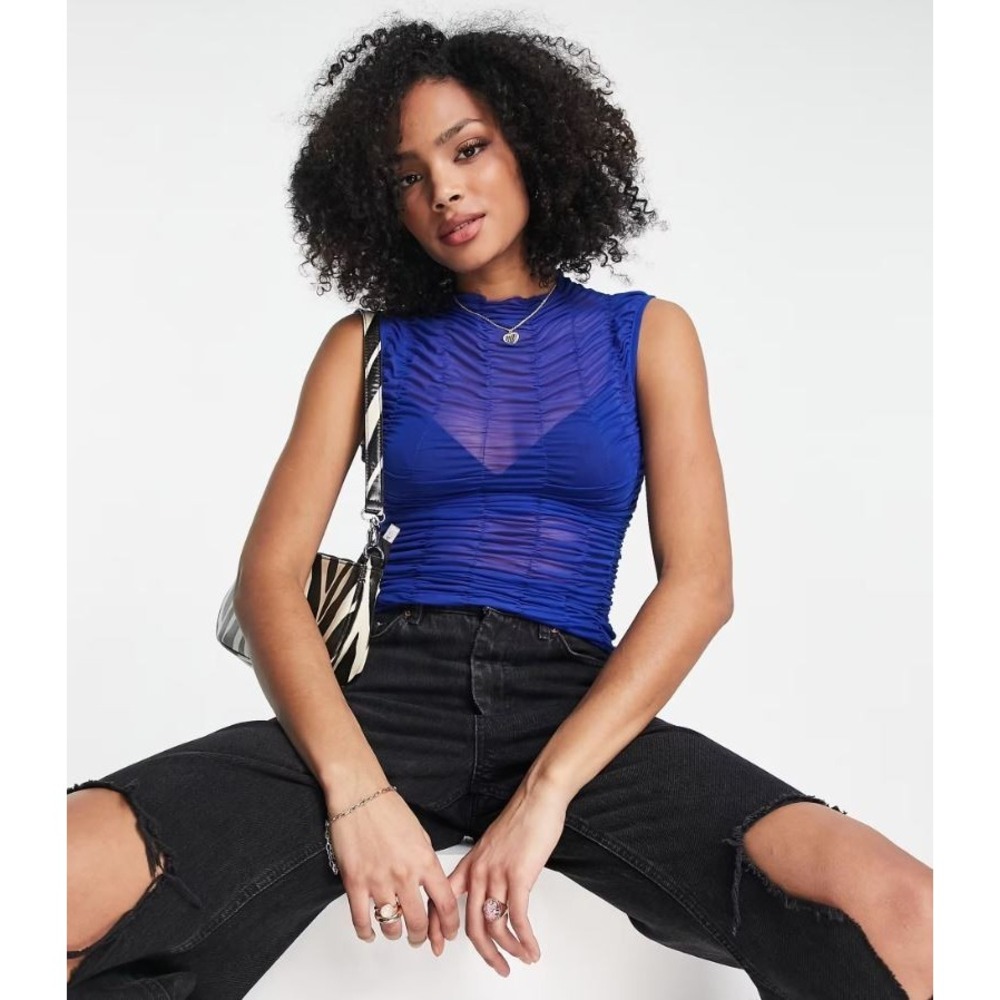Topshop Women's Ruched Mesh Sleeveless Sheer Tank Top in Royal Blue Size 12